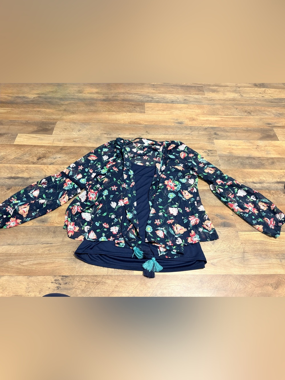 🌺 Time and Tru Navy Floral Sheer Kimono Top + Cami – Size M 8/10